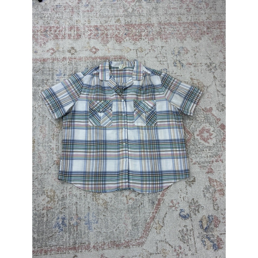 Vintage XTRA Shirley of Atlanta Plaid Camp Shirt Sz 44 Pastel Short Sleeve 80s